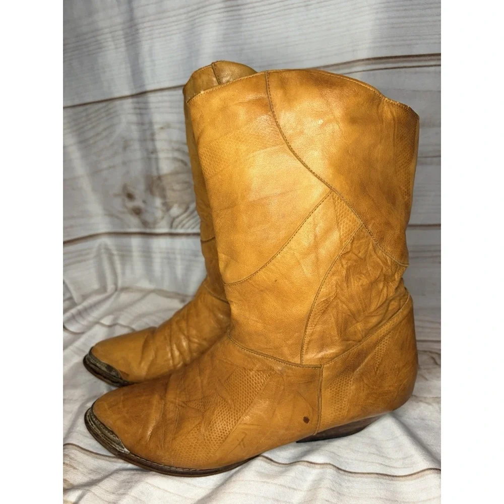 Vintage 60s Endicott Johnson Leather Patchwork Booties Western Brown‎ Womans 9 B